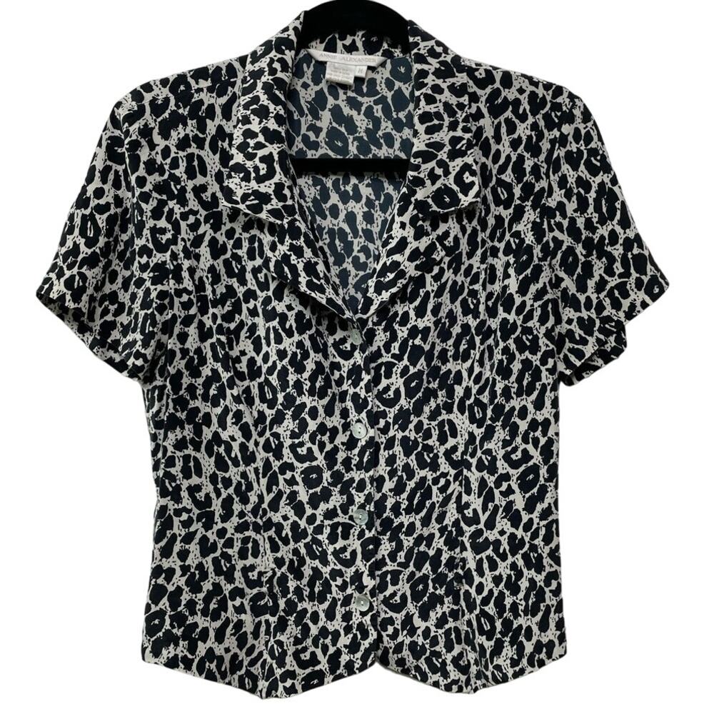 Annie Alexander Animal Print Blouse Short Sleeve 100% Silk Black White Vintage M